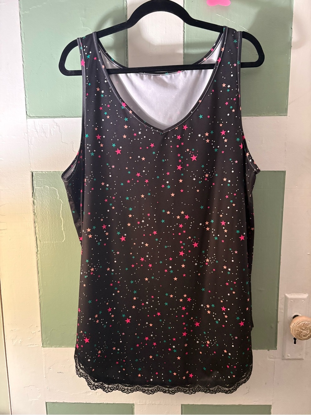 Women’s Black Star Print Tank Top with Lace Trim